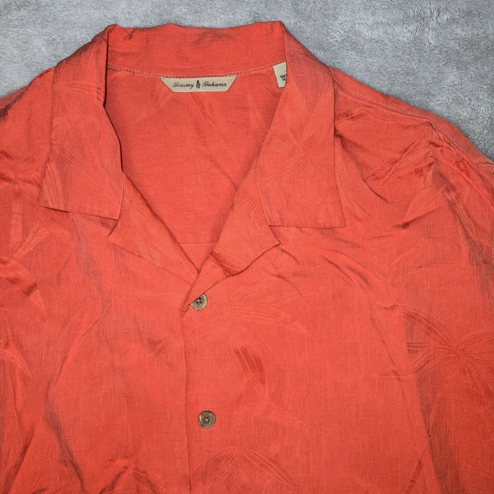 Tommy Bahama Mens Large 100% Silk Short Sleeve Button Down Shirt Orange Tropical